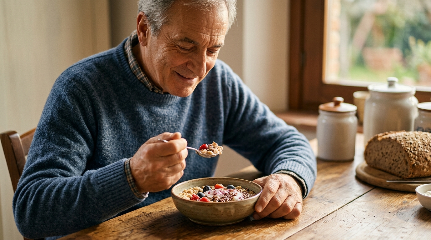 uomo mangia alimenti ricchi di fibre